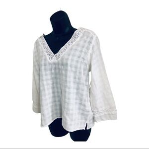 Sigrid Olsen white v-neck breezy lace trim paneled cotton blouse top size XS New